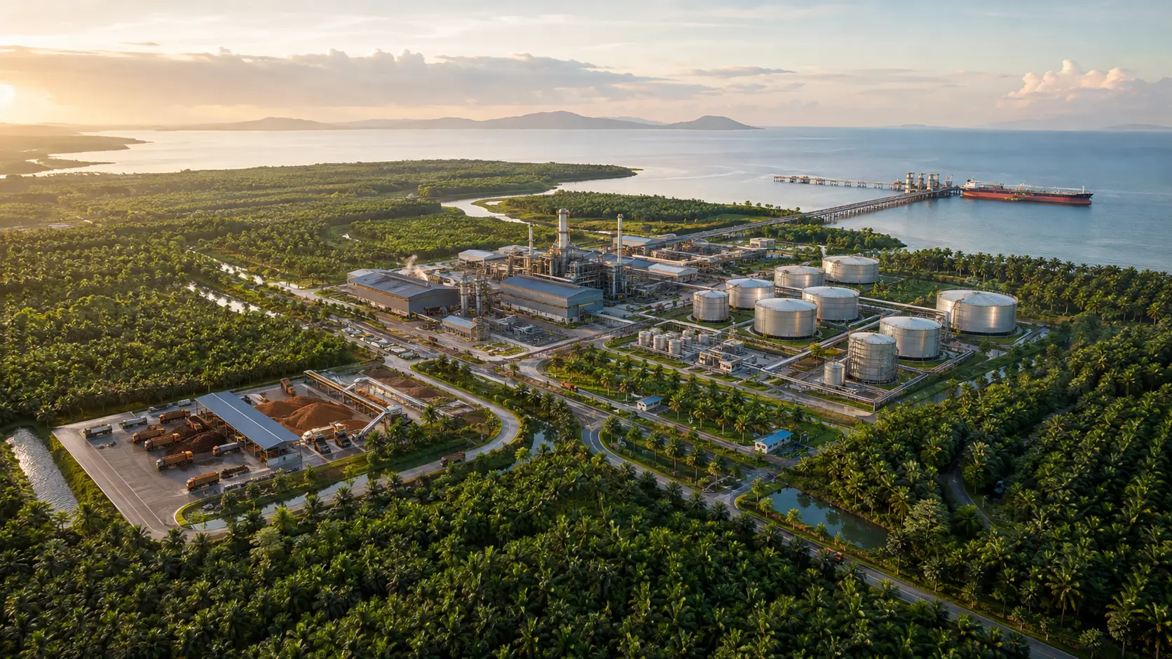 Project design vision showing an integrated Indonesian palm oil plantation, mill, refinery, storage and export platform