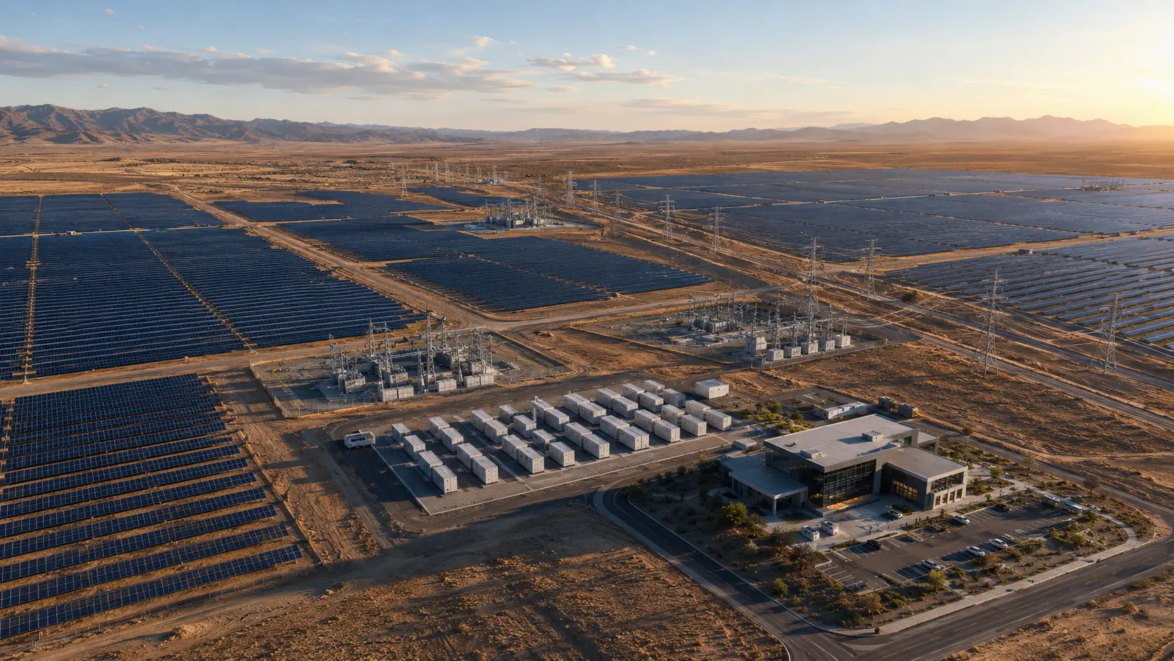 Project design vision showing utility-scale solar generation, battery storage, substations and transmission infrastructure
