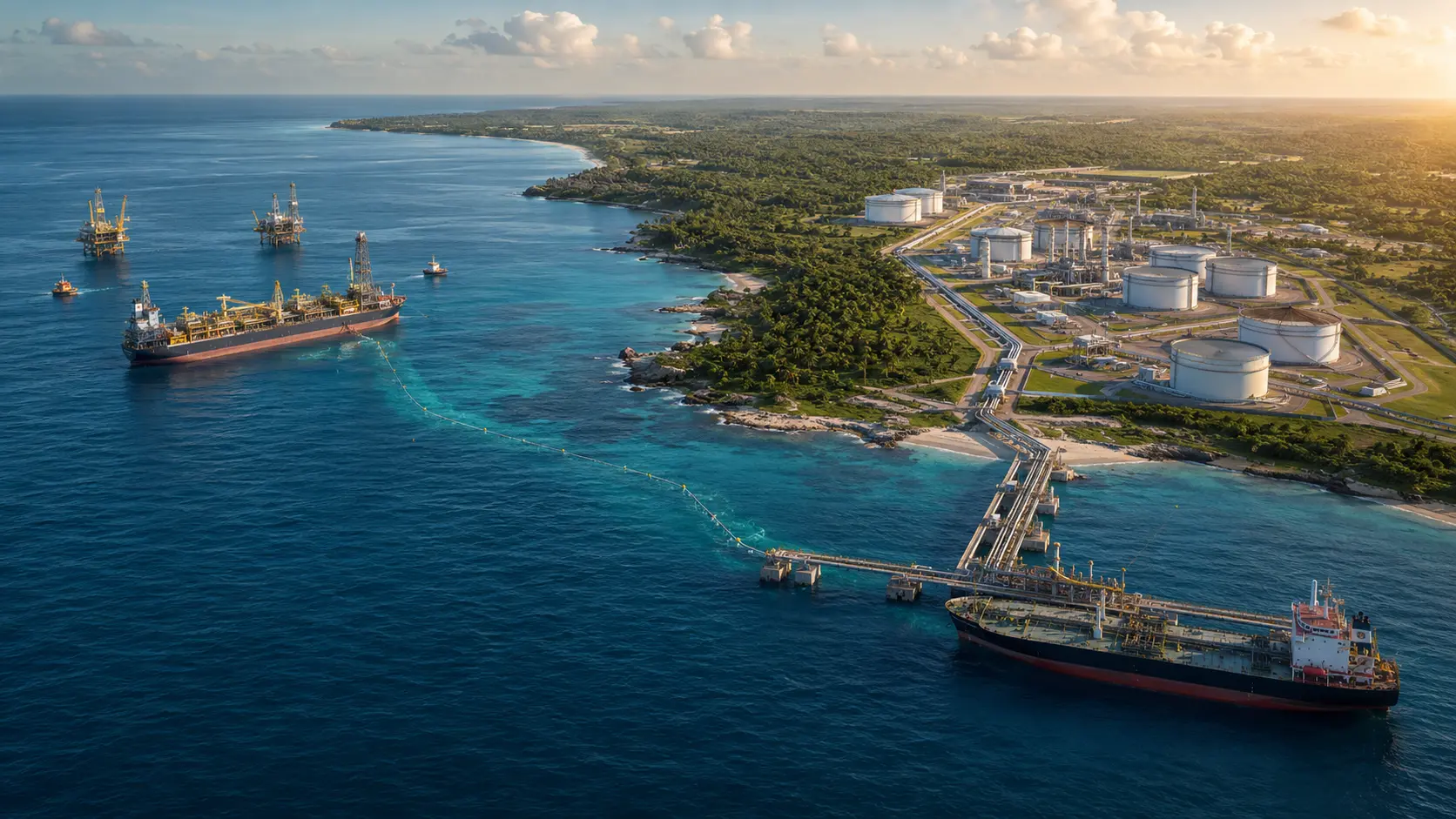 Project design vision showing a West African offshore light crude development, coastal terminal and deep-water export berth